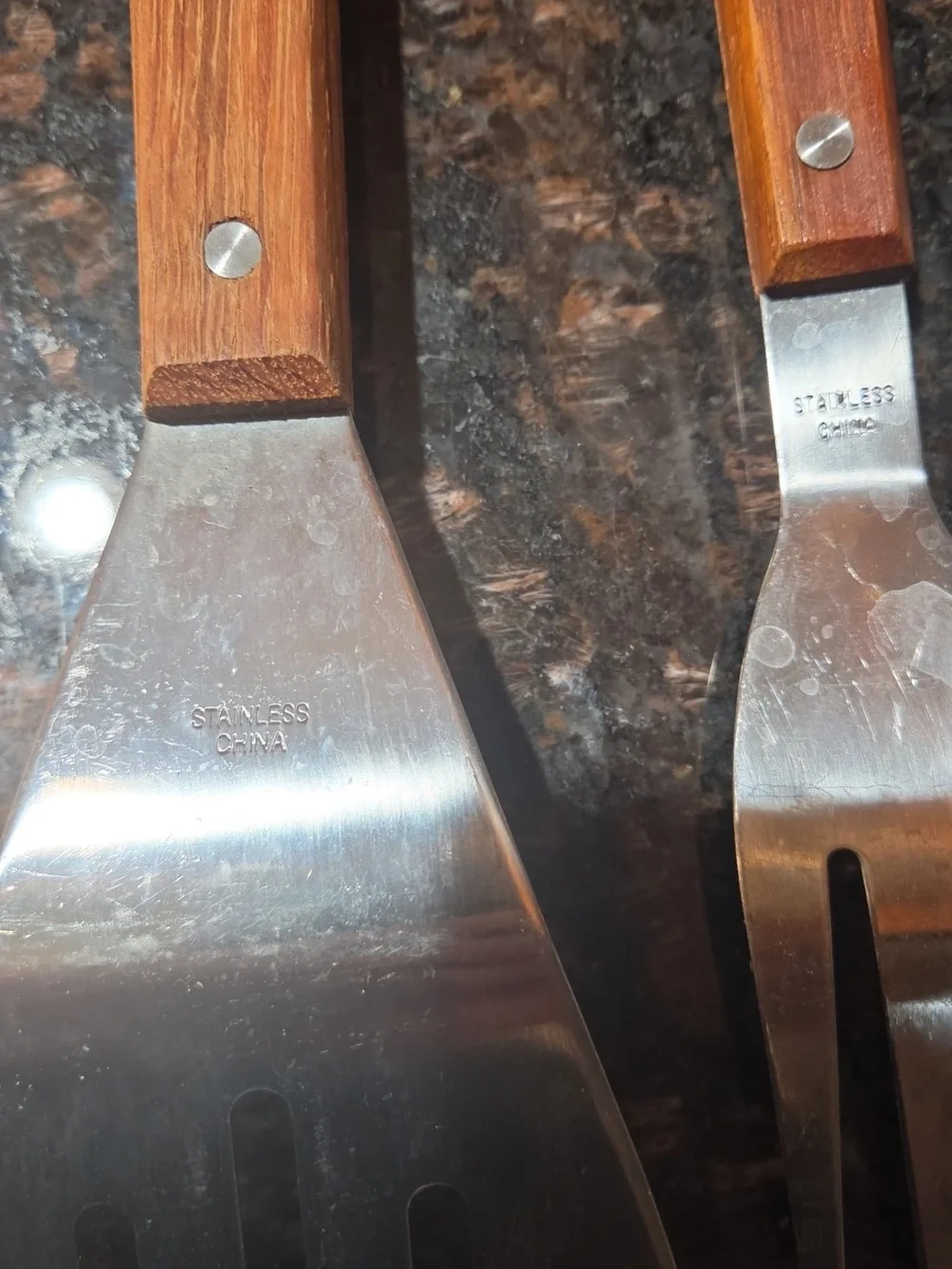 Wood-Handle Stainless Steel Spatula and Fork Set - Brown